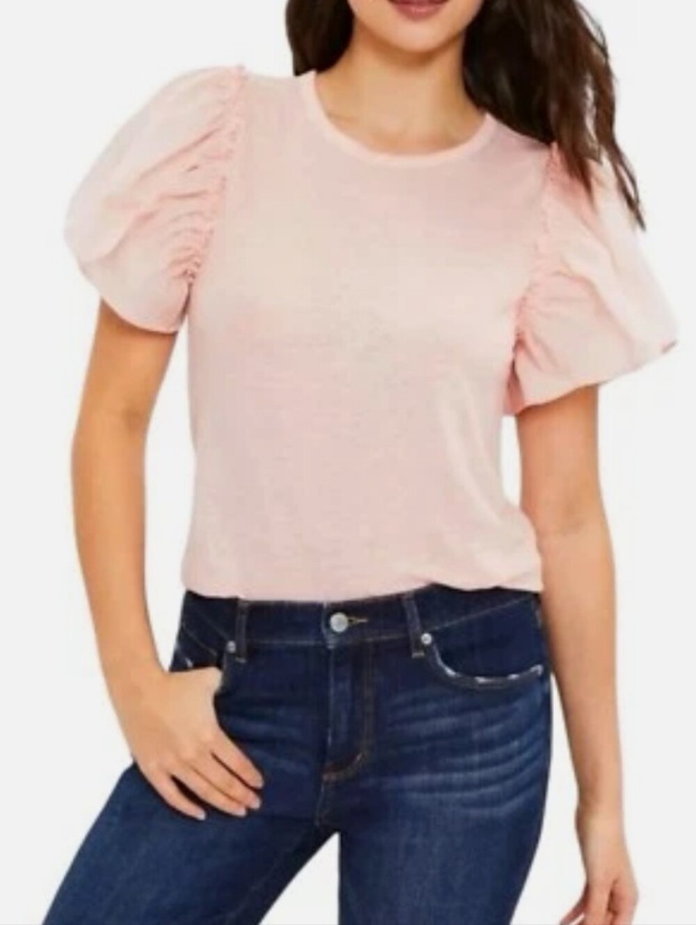 New Loft Ruffle Sleeve Crewneck Slub Linen Jersey Top In Soft Peach, Size S